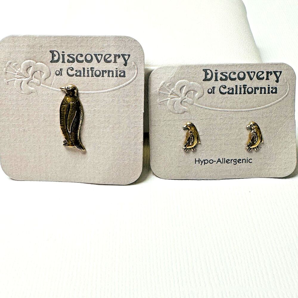 Vtg Discovery of California Penquin Pin Earring Set Hypo-Allergenic Gold Tone